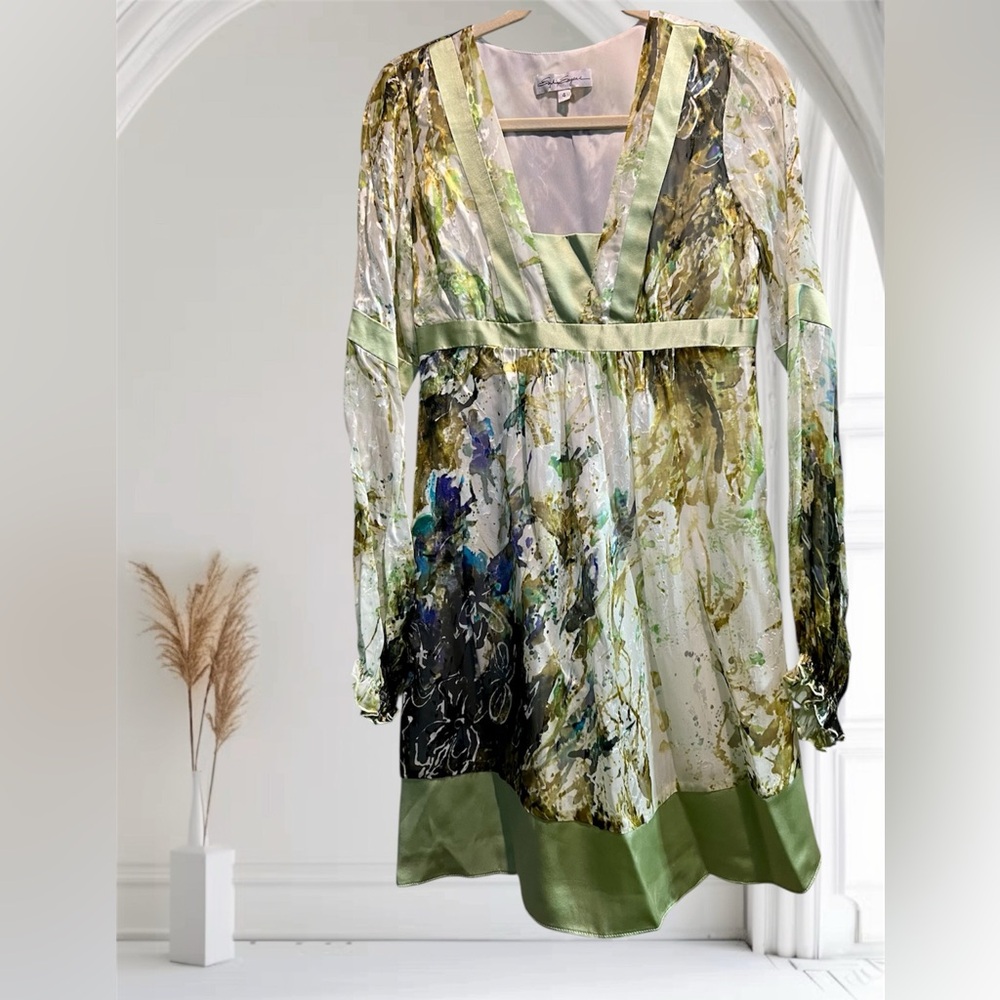 Sophia Eugene Artistic Green and Black Long Sleeve Dress